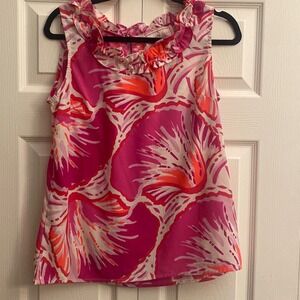 Southern Frock Pink Bold Floral Ruffle Sleeveless Top Preppy Palm Beach Bright